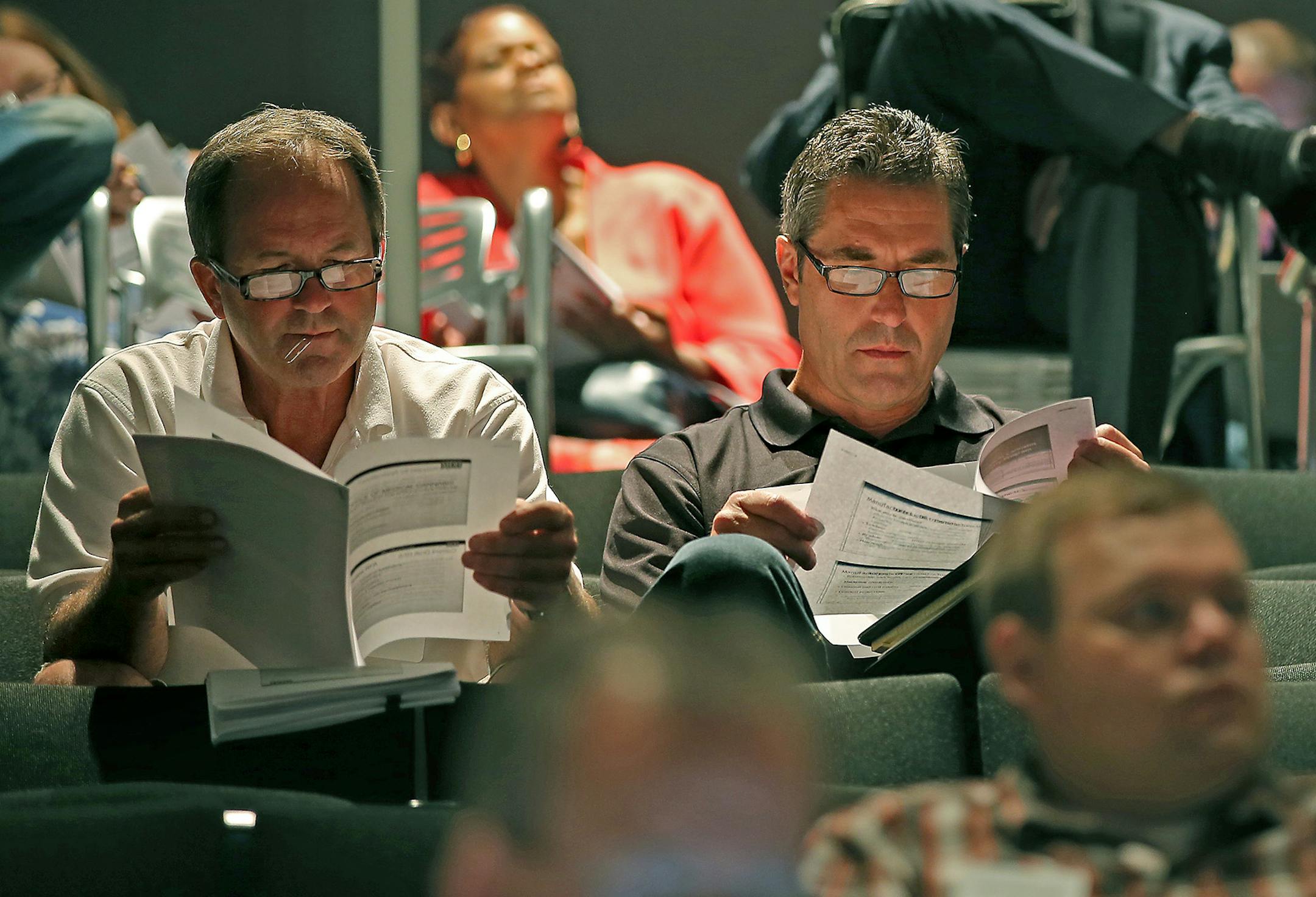 Would-be pot entrepreneurs crowded into the Minnesota History Center for an informational meeting and hoping to be one of the two manufacturers the Health Department will choose to produce all of Minnesota's medical cannabis, Friday, August 8, 2014 in St. Paul, MN. ] (ELIZABETH FLORES/STAR TRIBUNE) ELIZABETH FLORES • eflores@startribune.com