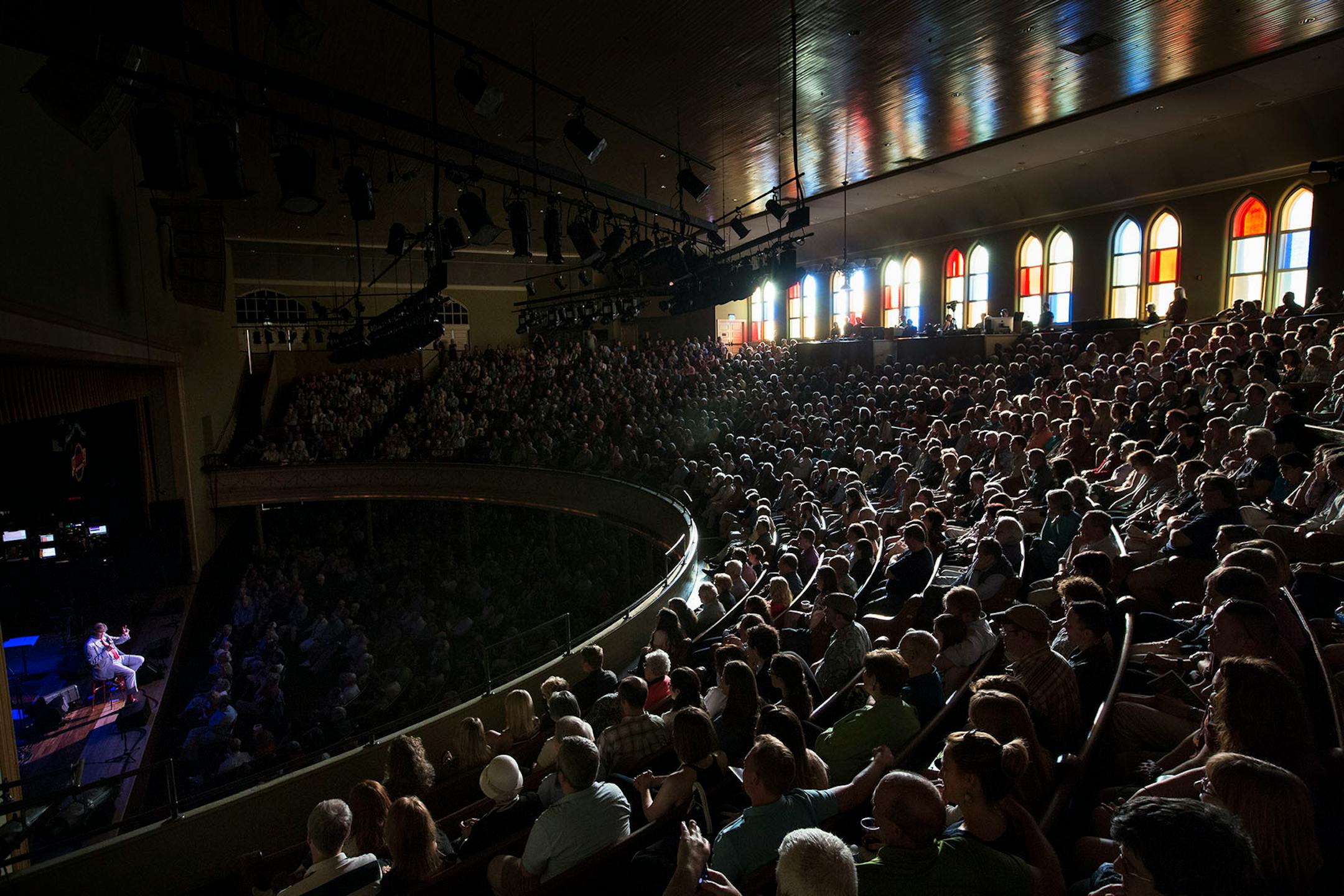 Garrison Keillor reads the "News from Lake Wobegon" during the live broadcast at the Ryman Auditorium in Nashville.