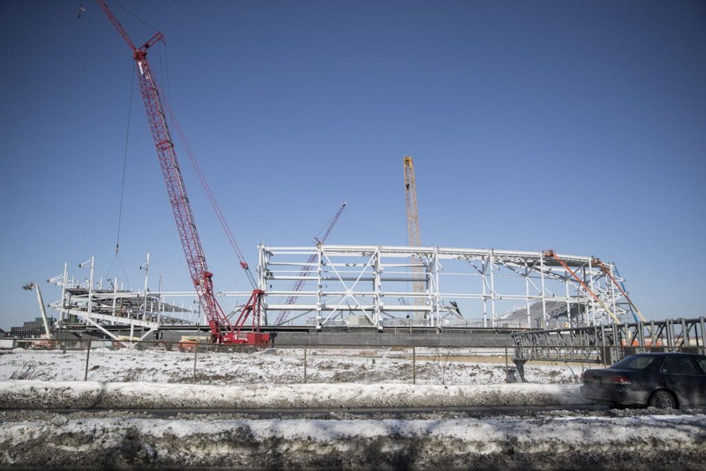 A construction continued on Allianz Field, where United Minnesota soccer will play, on Tuesday, February 6, 2018, in St. Paul, Minn. The stadium in located at southeast corner of Snelling Avenue and University Avenue and is expected to be completed in spring 2019.