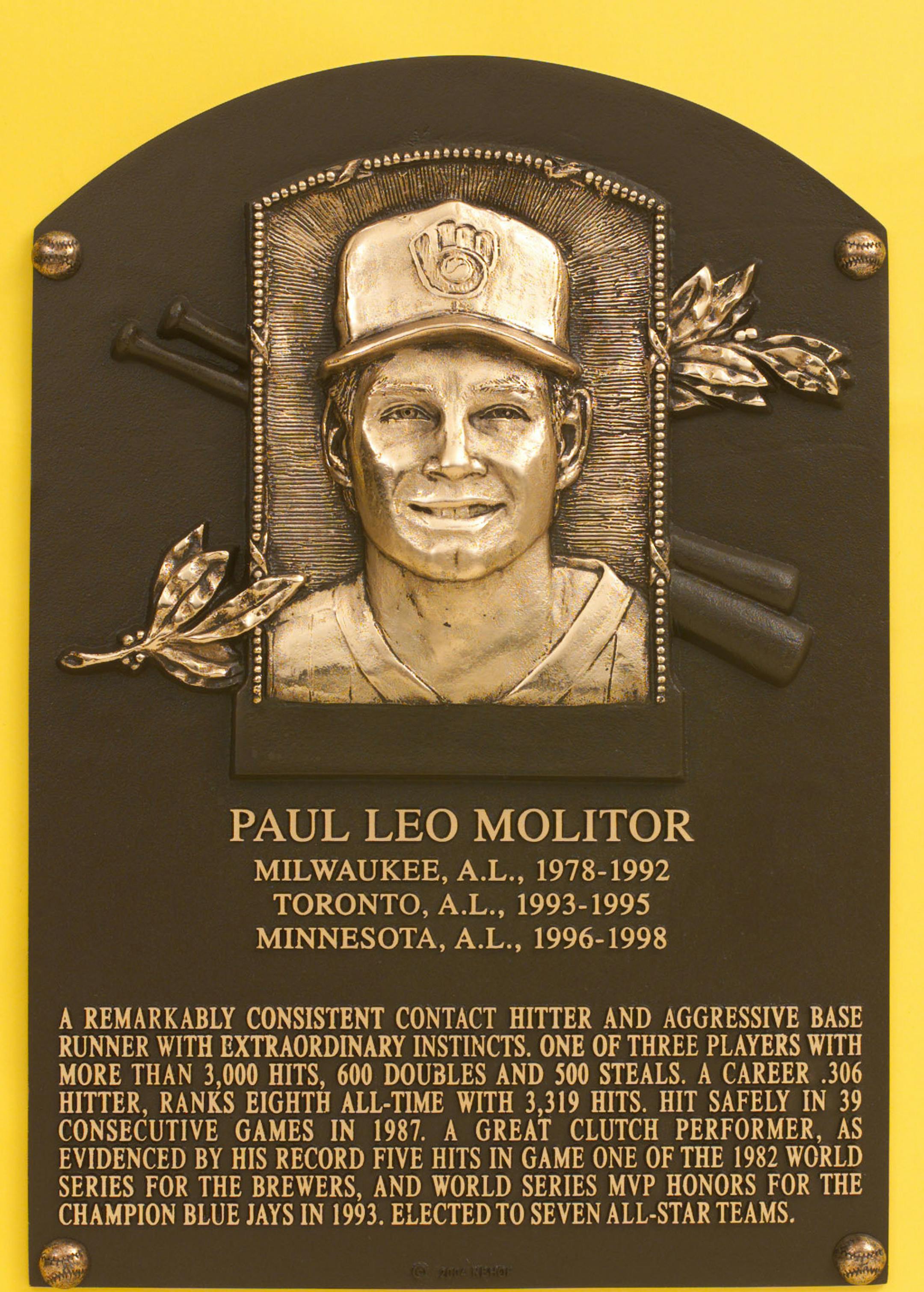 ** EMABRGOED UNTIL 12:01 AM MONDAY JULY 26, 2004 ** A plaque featuring Paul Molitor is shown in this hand out photo. Molitor was inducted into the Baseball Hall of Fame, Sunday July 25, 2004. (AP Photo/National Baseball Hall of Fame and Museum, HO) ORG XMIT: NY150