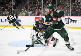 Minnesota Wild center Frederick Gaudreau (89) controls the puck during the second period Thursday, Jan. 4, 2024 at Xcel Energy Center in St. Paul, Min