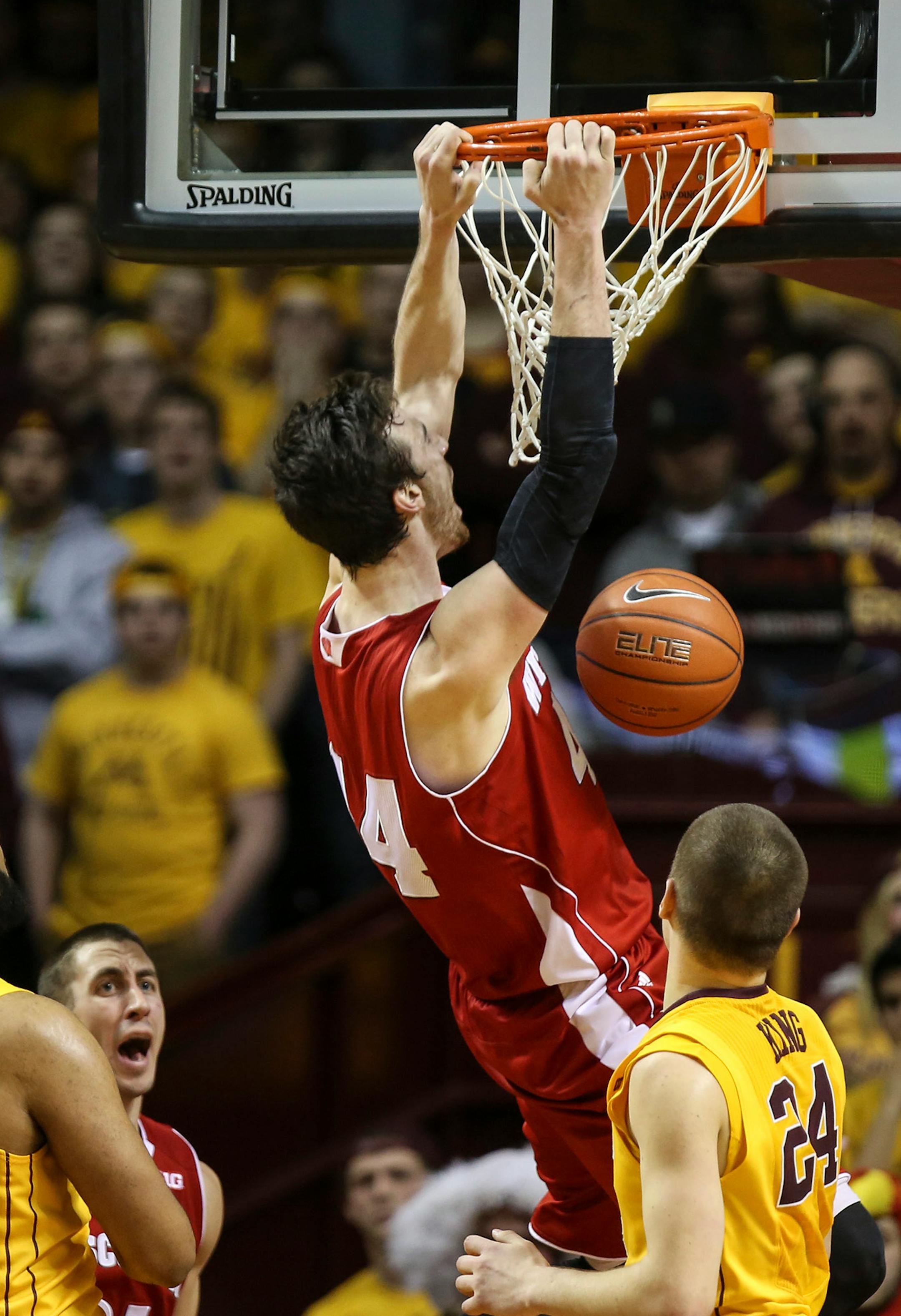 Wisconsin's Frank Kaminsky celebrated as he scored on a dunk during the second half. ] RENEE JONES SCHNEIDER • reneejones@startribune.com The Minnesota Gophers played the Wisconsin Badgers at Williams Arena on Thursday, March 5, 2015 at the University of Minnesota in Minneapolis, Minn.