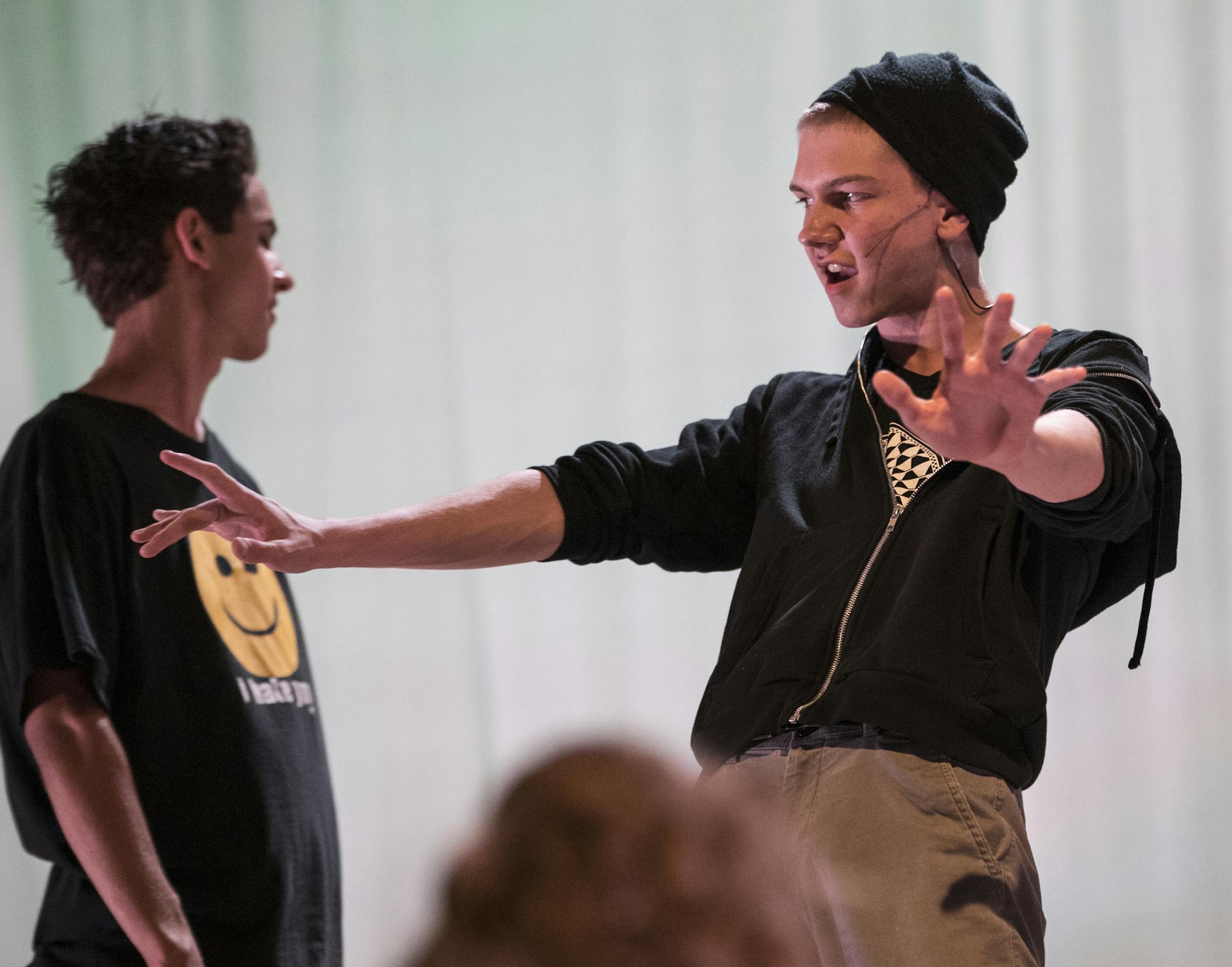 Jonah Edelman and Ronan Pirner, right, performed a scene during Thursday night's, June 16, 2016 show at JSB Tek Box in Minneapolis, Minn. ] RENEE JONES SCHNEIDER • reneejones@startribune.com With zero adult assistance, a group of metro area high school students produced, directed, performed and raised the funds to perform the musical "American Idiot," running June 15-18.