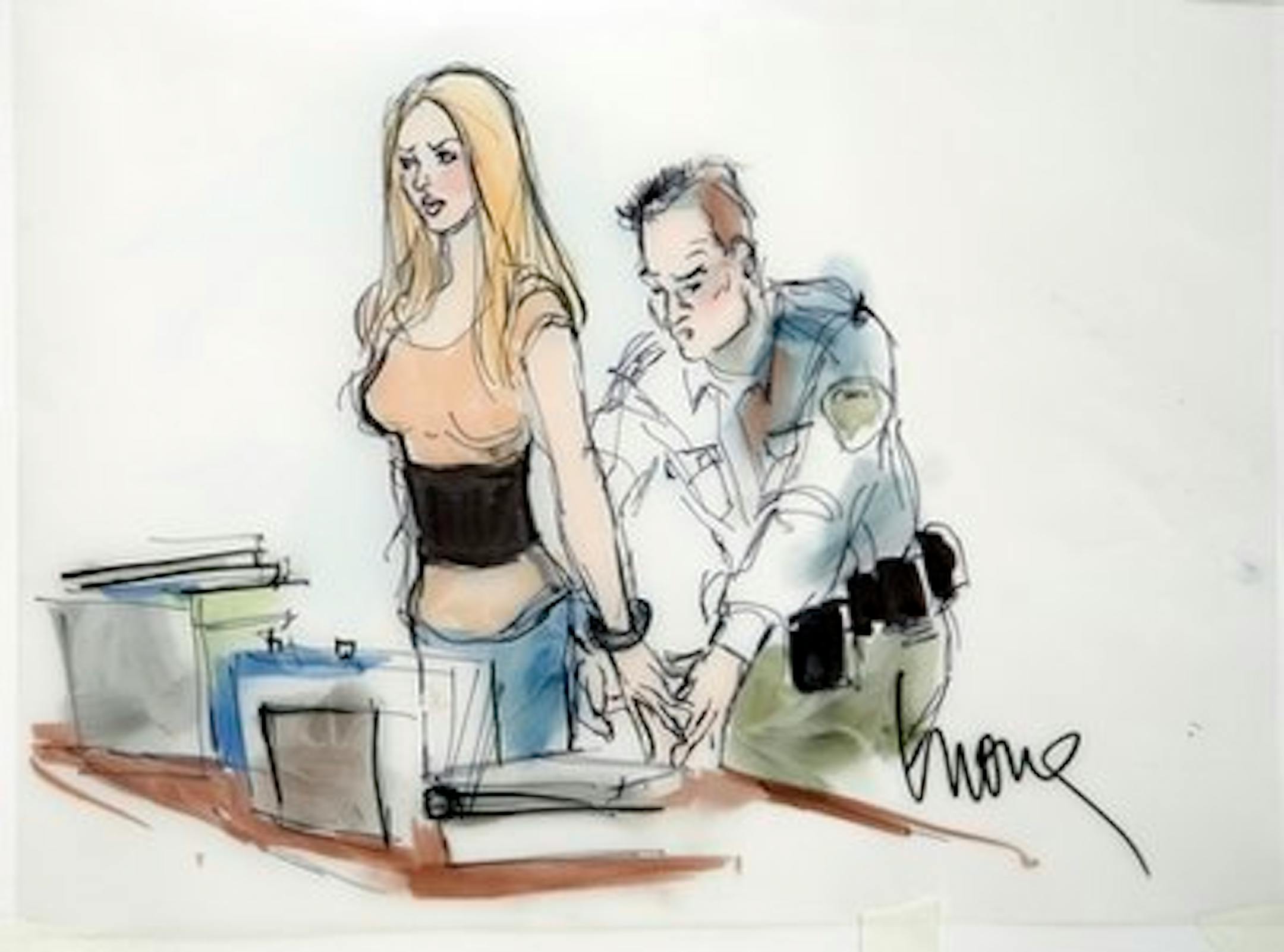 In a courtroom sketch drawn by Mona Shafer Edwards, actress Lindsay Lohan is shown in handcuffs as she is taken into custody at court in Beverly Hills, Calif., on Tuesday, July 20, 2010. Lohan was sentenced to 90 days in jail for violating the terms of her probation. (AP Photo/Mona Shafer Edwards)`