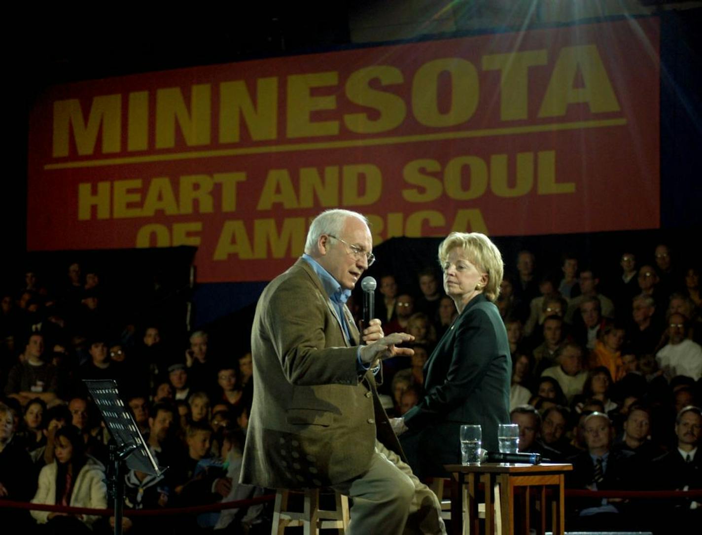 Moorhead, MNñ On Monday, October 25,2004, Richard Sennott/Star Tribune Vice President Dick Cheney with his wife Lynne attended a RNC Victory í04 Rally in the Alex Nemzek Fieldhouse at Minnesota State University.A crowd of several hundred supporters came to support the Vice President