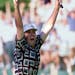 Justin Leonard celebrated after sinking a 45-foot birdie putt on the 17th hole of his singles match Sunday to clinch the 1999 Ryder Cup for the United