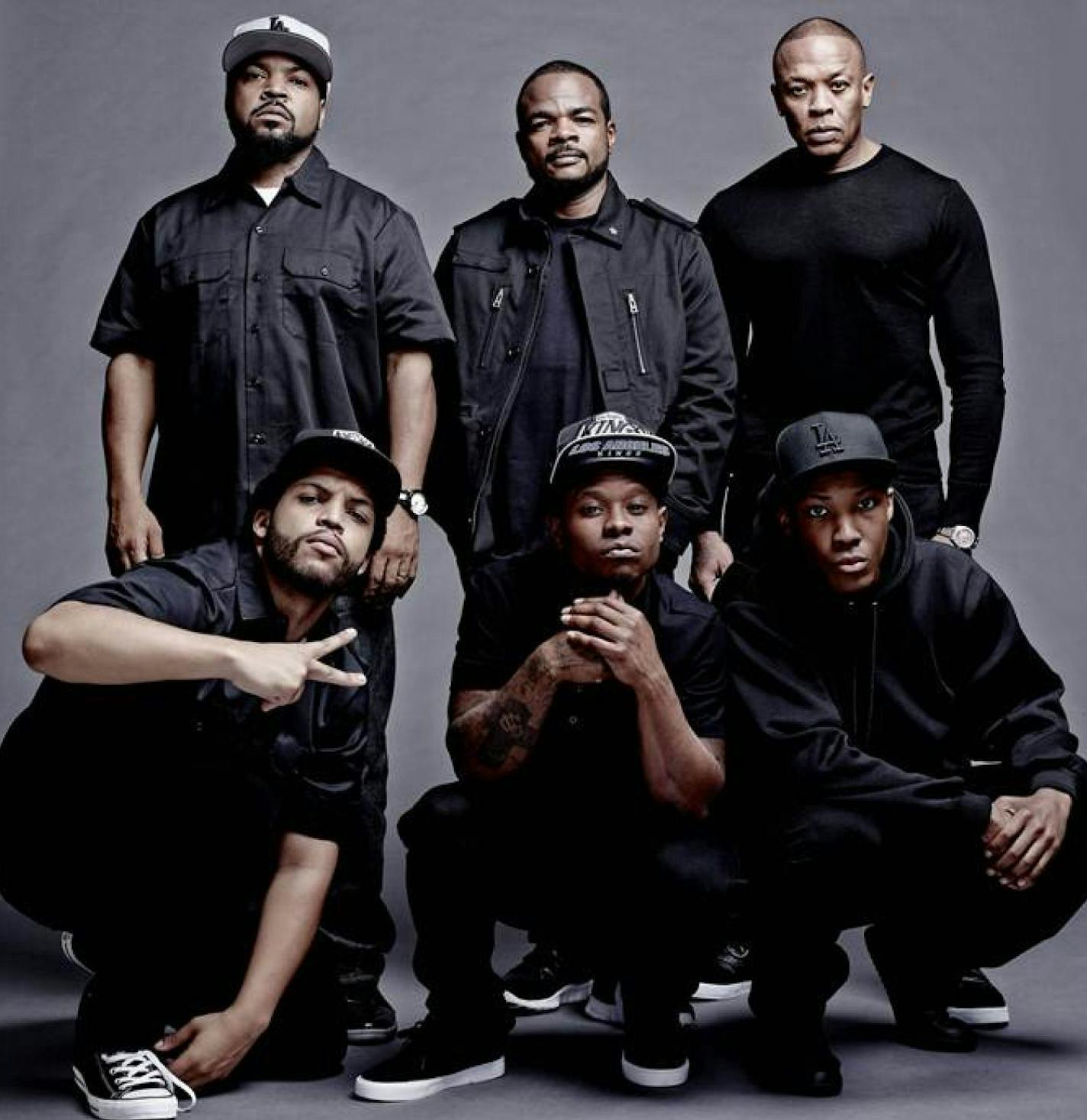 Ice Cube, left rear, director F. Gary Gray and Dr. Dre stand behind the stars of &#xec;Straight Outta Compton,&#xee; with O&#xed;Shea Jackson as Cube, Jason Mitchell as Eazy-E and Corey Hawkins as Dre. Courtesy Universal Studios.