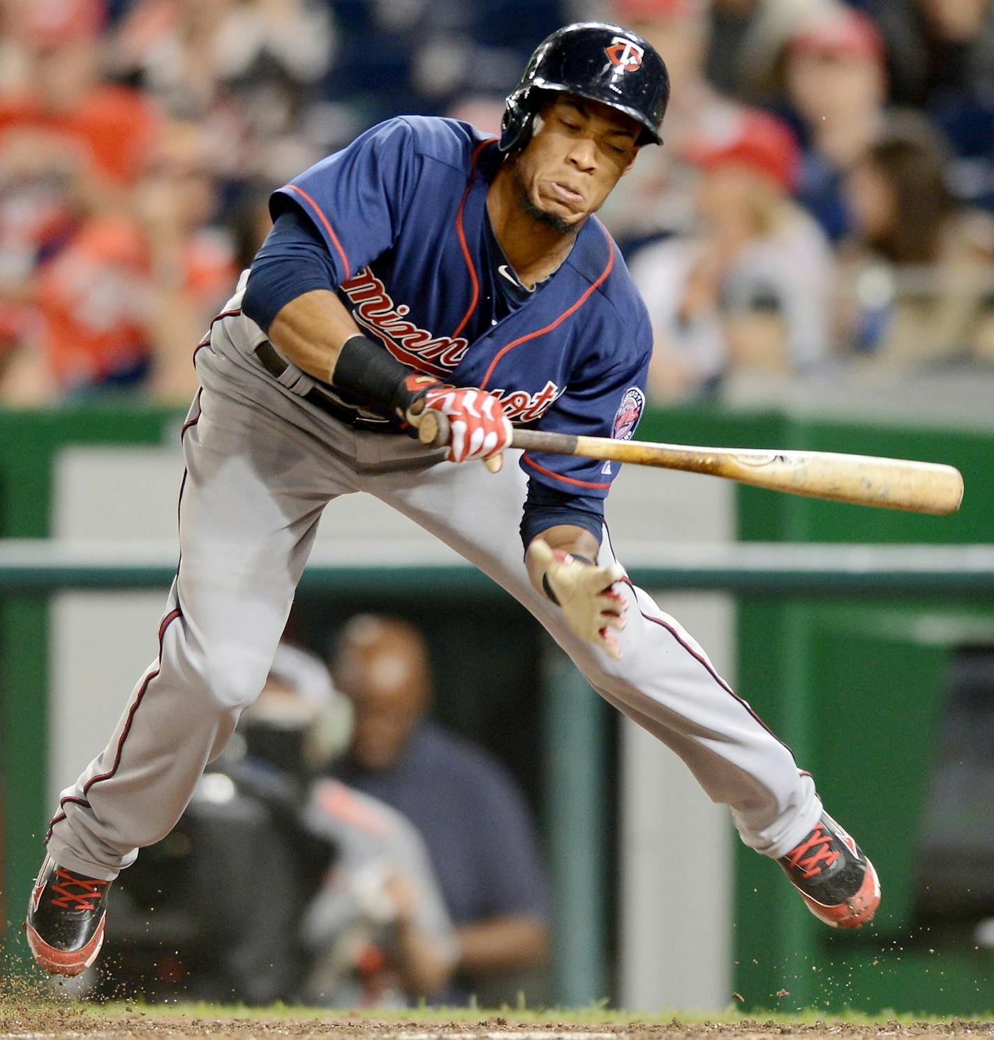 Minnesota Twins shortstop Pedro Florimon (25) dives away from a tight inside pitch thrown by Washington Nationals relief pitcher Erik Davis (51) in the sixth inning of the second game of a day-night doubleheader at Nationals Park in Washington, D.C., Sunday, June 9, 2013. (Chuck Myers/MCT)