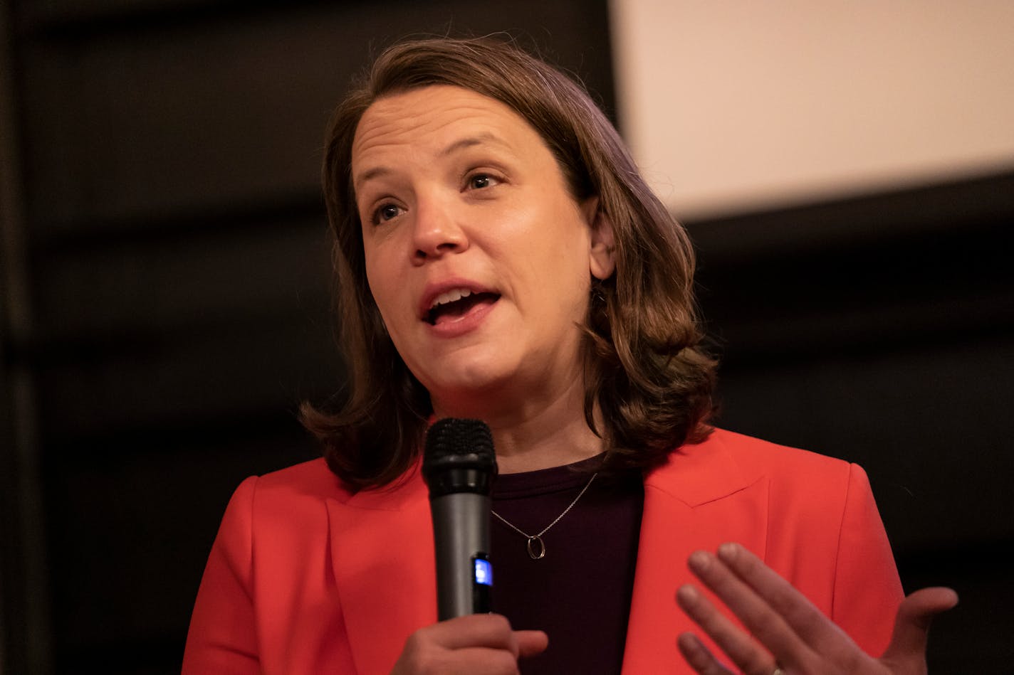 Minneapolis mayoral candidate Kate Knuth speaks at an election party at Utepils Brewing on election night in Minneapolis, Minn., Tuesday, Nov. 2, 2021. There was no final results at this point but incumbent candidate Jacob Frey was ahead in the polls. ] RENEE JONES SCHNEIDER • renee.jones@startribune.com