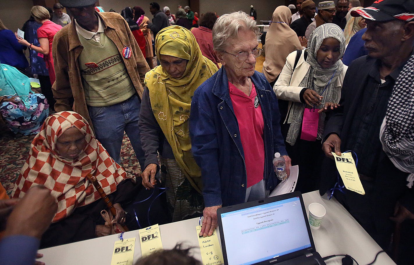 Adelle Lundeen, 88, waited to be seated as a delegate on the floor of the convention, during a process of upgrading alternates to delegates that became congested as names were being checked and verified. ] (JIM GEHRZ/STAR TRIBUNE) / April 27, 2013 / 12:00 PM Minneapolis, MN &#x201a;&#xc4;&#xec; BACKGROUND INFORMATIN- Minneapolis DFL delegates and alternates for Ward 6&#x201a;&#xc4;&#xf4;s City Council race gathered to select who they will endorse in the 2013 elections. Incumbent and council vice