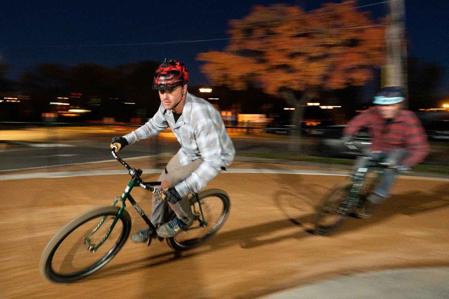 Nate Mielke of Hopkins leads Casey Johnson of Golden Valley in a race around the track. Riders compete in a series of races, each consisting of 3-4 laps around the track.