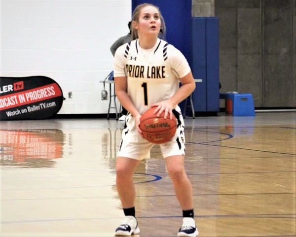 McKenna Hofschild of Prior Lake lines up a free throw in the Lakers' 99-95 loss to Park Center on Saturday, Dec. 1. Hofschild scored a state-record 63