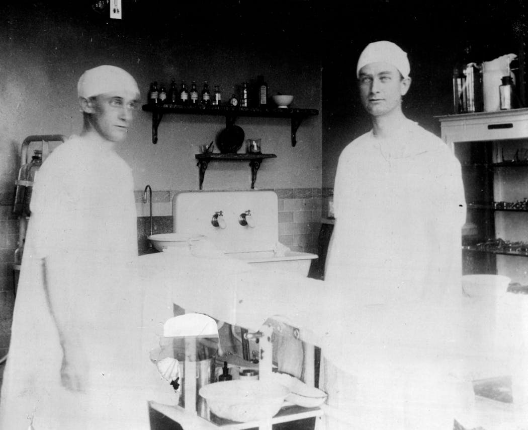Dr. Charles H. Mayo and Dr. William J. Mayo in Operating Room No. 1 at Saint Mary's Hospital in 1904.
