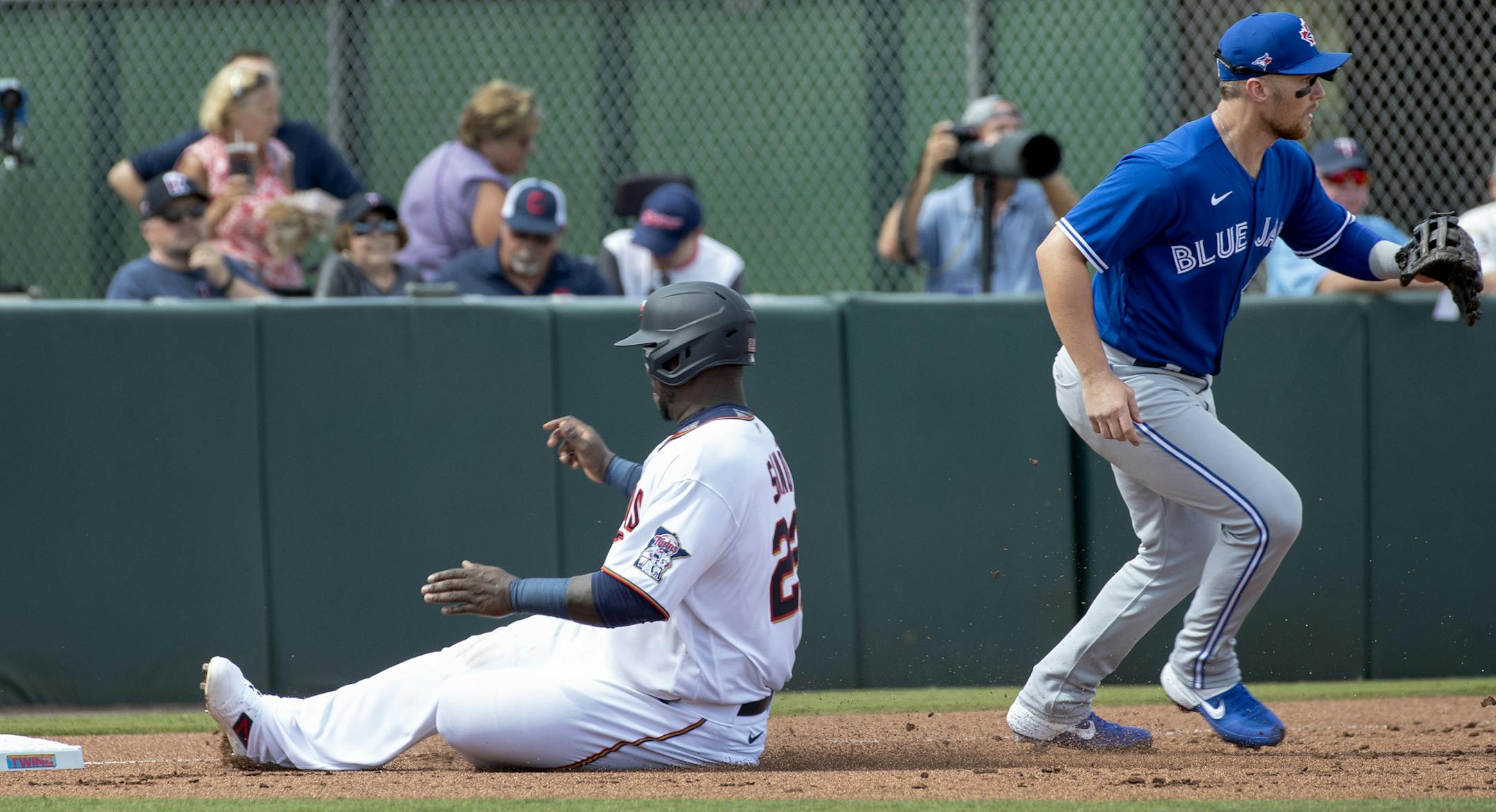 Minnesota Twins' Miguel Sano slid into third base in the second inning. ] CARLOS GONZALEZ • cgonzalez@startribune.com – Fort Myers, FL – February 23, 2020, CenturyLink Sports Complex, Hammond Stadium, Minnesota Twins, Spring Training vs. Toronto Blue Jays