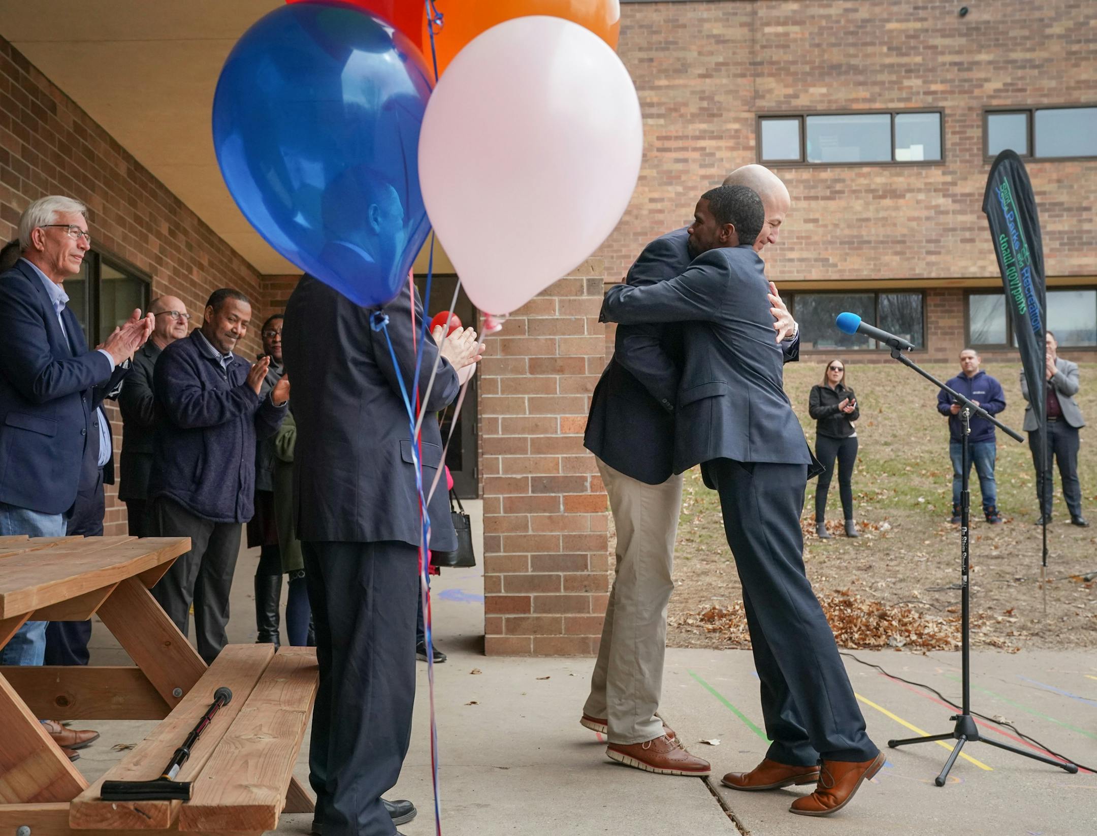 Mayor Melvin Carter got a hug from St Paul School Superintendent Joe Gothard. The Highwood Hills Recreation Center on St. Paul's East Side, which has been closed for a decade, reopened Monday. ] GLEN STUBBE • glen.stubbe@startribune.com Monday, April 1, 2019 After a decade-long closure, the Highwood Hills Recreation Center on St. Paul's East Side will reopen Monday. The closure was an effort to save money as the city struggled to stave off the effects of the recession, but Council Member