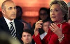 Matt Lauer looks on as Democratic presidential nominee Hillary Clinton speaks during the NBC News Commander-in-Chief Forum on September 7, 2016 in New
