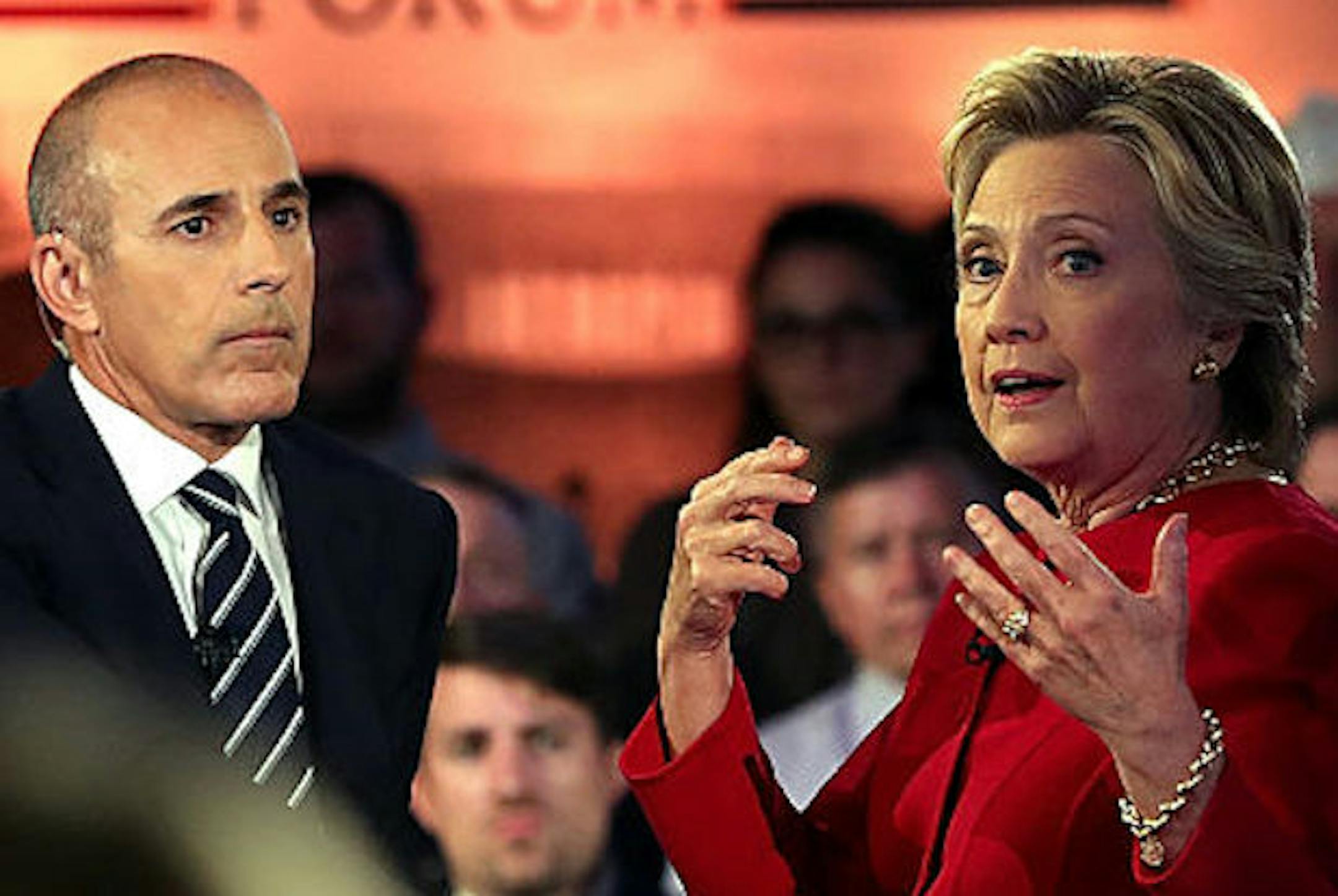 Matt Lauer looks on as Democratic presidential nominee Hillary Clinton speaks during the NBC News Commander-in-Chief Forum on September 7, 2016 in New York City.