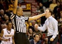 University of Minnesota head coach Richard Pitino, right, and DeAndre Mathieu (4) celebrated a five second turnover call on Purdue during the second h