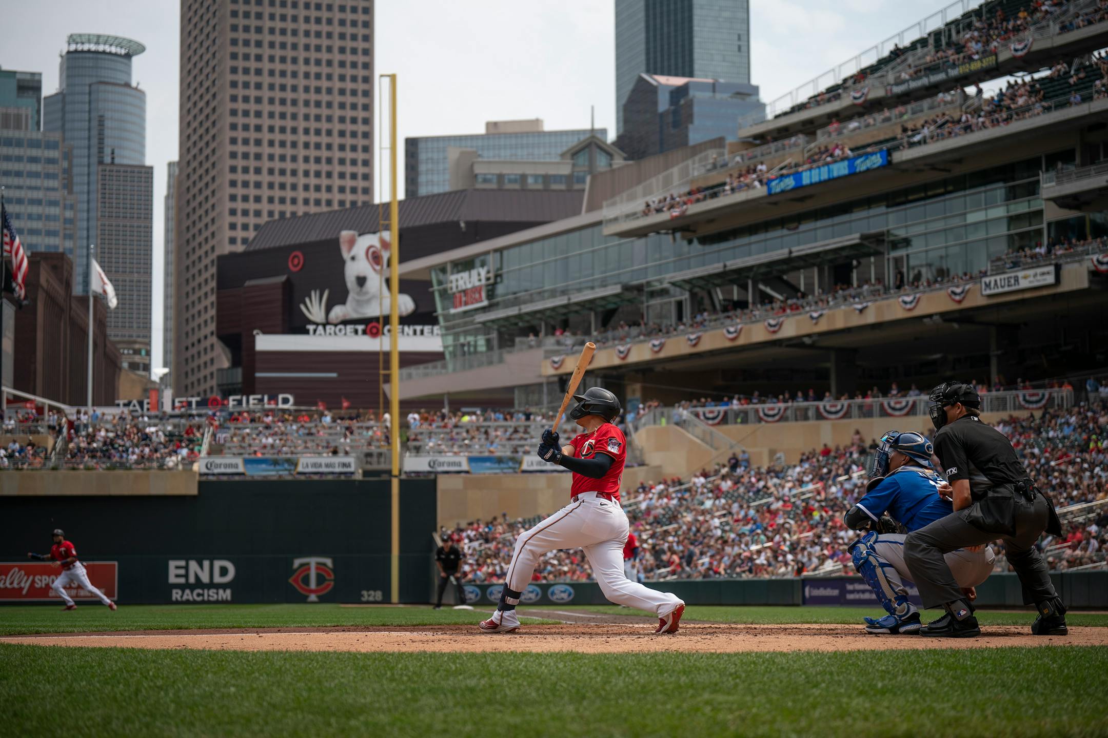 Minnesota Twins third baseman Gio Urshela (15) follows through on 3 run homer homer in the third inning.