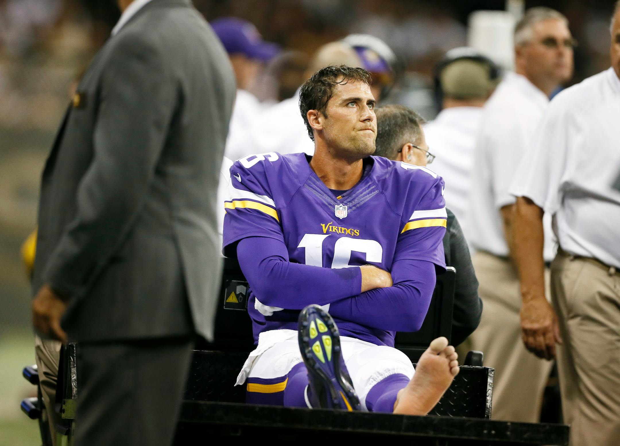 Vikings quarterback Matt Cassel was taken off the field on cart after suffering an injury on his foot in the second quarter.