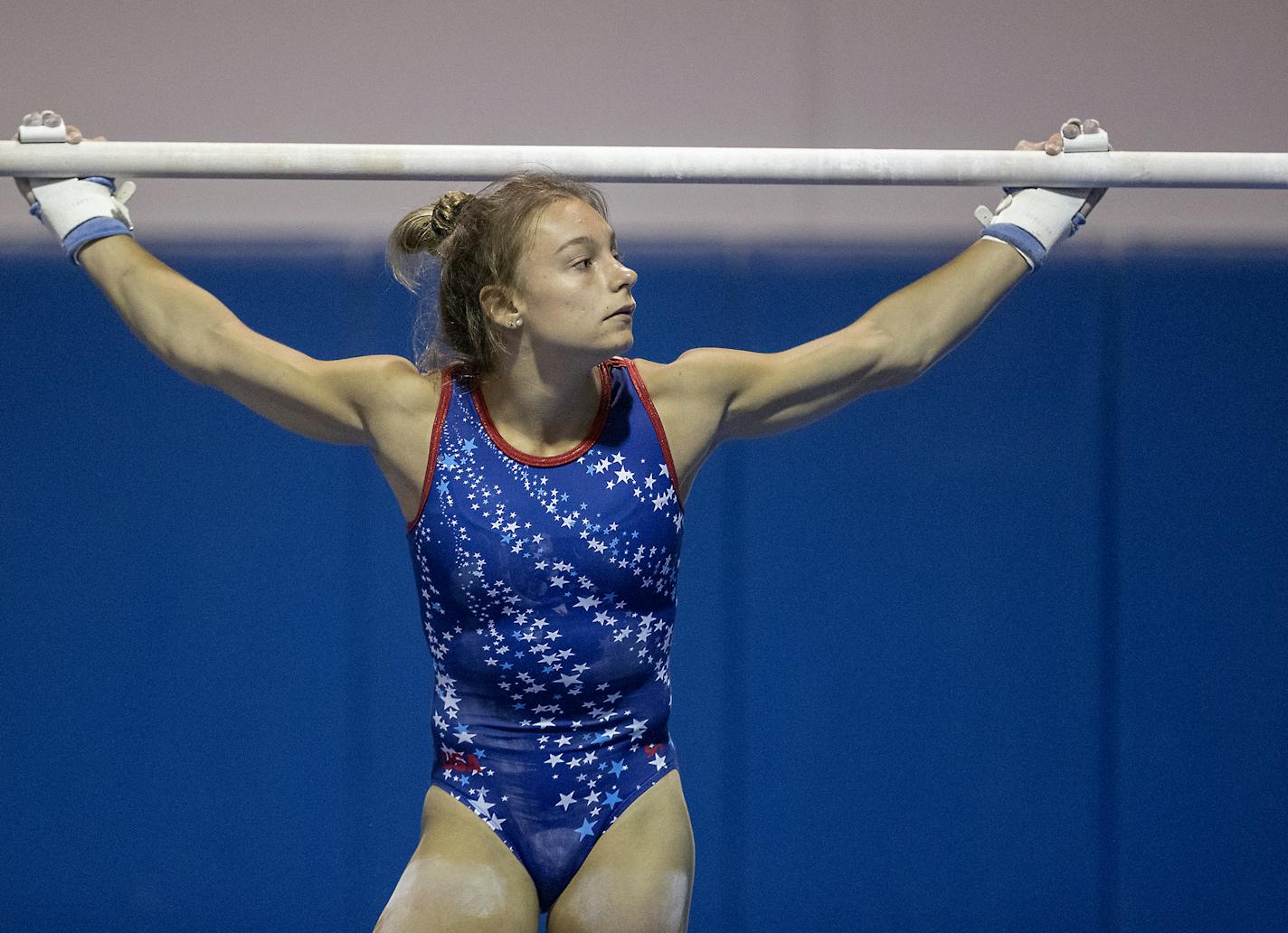 Olympic gymnastics hopeful Grace McCallum, who would have had the Olympic Trials on June 25, practiced at Twin Cities Twisters, Monday, June 22, 2020 in Champlin, MN. ] ELIZABETH FLORES • liz.flores@startribune.com