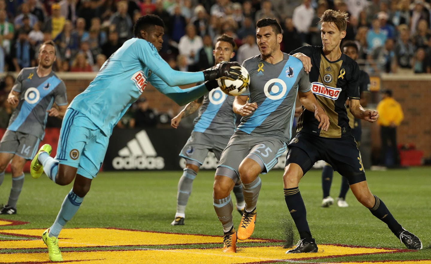 Philadelphia Union goalkeeper Andre Blake saved a shot by Loons defender Michael Boxall (25) Saturday in a 1-1 draw at TCF Bank Stadium. Now the Loons embark on a 5,430-mile road trip.