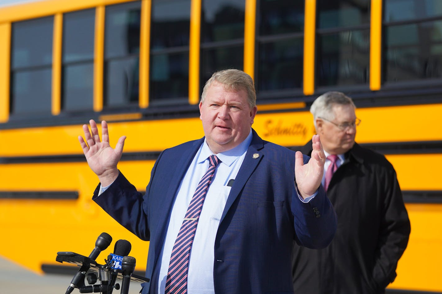 Sen. Rich Draheim, R-Madison Lake, spoke at the press conference; behind him is Sen. Scott Newman, R-Hutchinson.