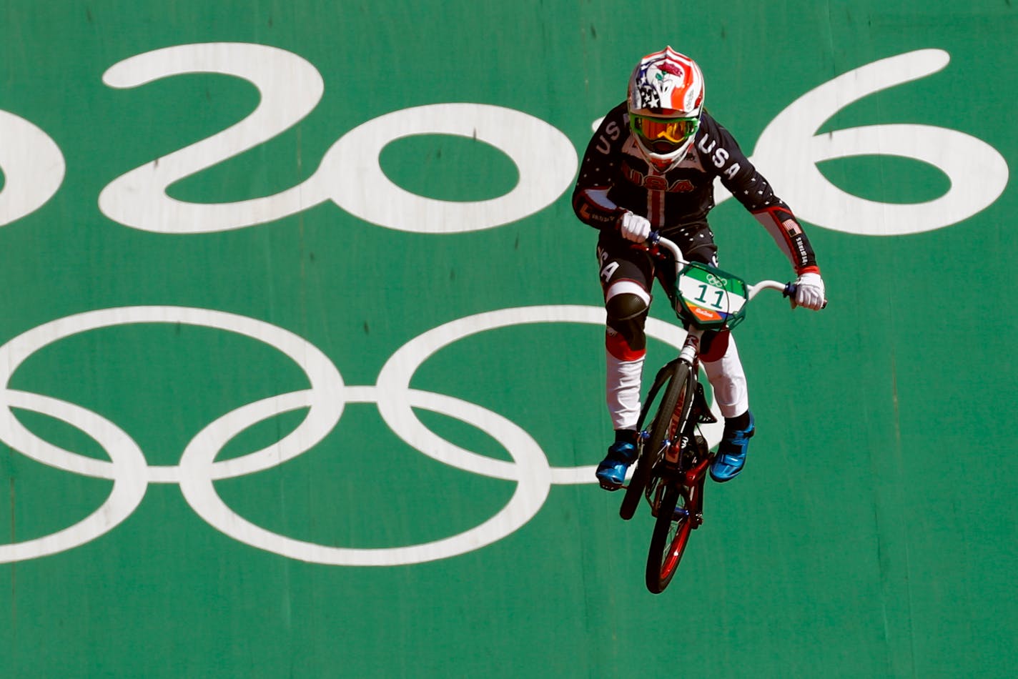 Alise Post of the United States competes in the women's seeding run at the Olympic BMX Center during the 2016 Summer Olympics in Rio de Janeiro, Brazil, Wednesday, Aug. 17, 2016. (AP Photo/Patrick Semansky)