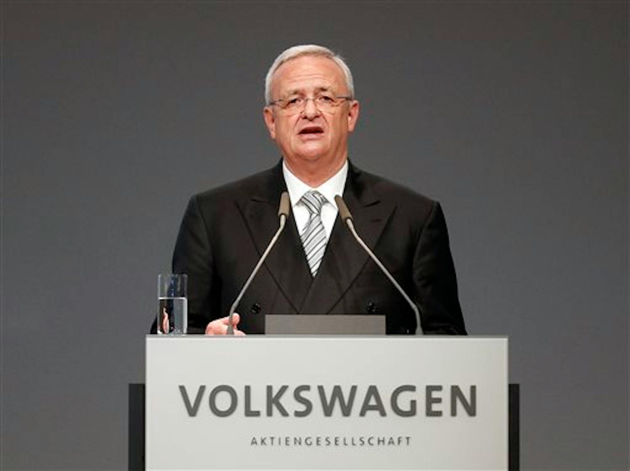 FILE - In a Tuesday, May 5, 2015 file photo, Volkswagen CEO Martin Winterkorn addresses the shareholders during the annual shareholder meeting of the car manufacturer Volkswagen in Hannover, Germany. Winterkorn on Wednesday, Sept. 23, 2015 said he is stepping down "in the interests of the company" as it grapples with the scandal over Volkswagen's evasion of U.S. emissions controls. (AP Photo/Frank Augstein, File)
