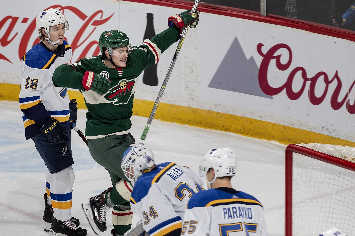 Ryan Donato celebrated after scoring the game winning goal in overtime. ] CARLOS GONZALEZ &#x2022; cgonzalez@startribune.com &#x2013; St. Paul, MN &#x2013; February 24, 2019, Xcel Energy Center, the Wild played the St. Louis Blues