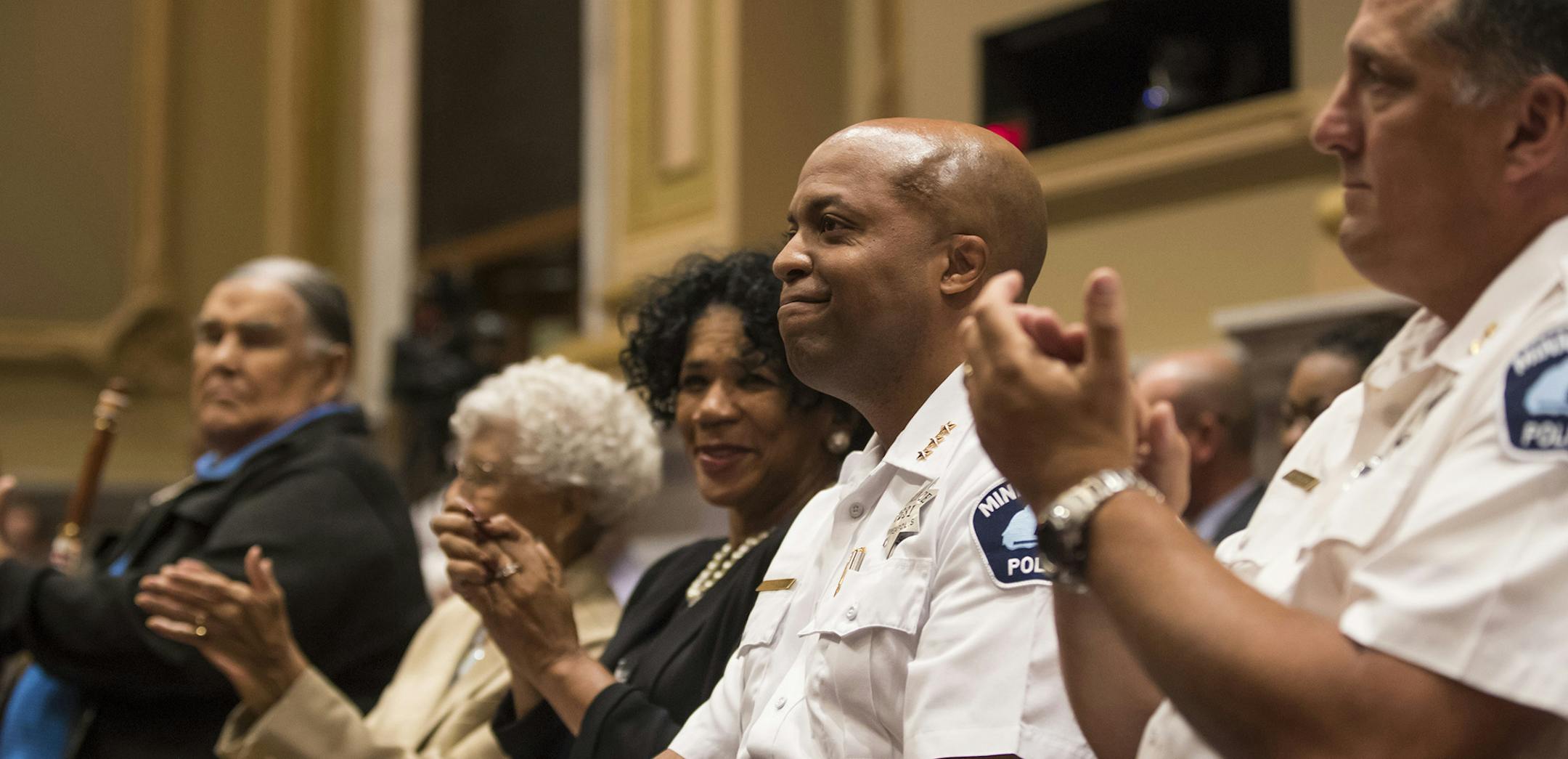Acting chief Medaria Arradondo smiled as he was applauded after he was voted to be Minneapolis police chief by city council members on Friday, August 18, 2017 at City Hall in Minneapolis, Minn. ] RENEE JONES SCHNEIDER • renee.jones@startribune.com ORG XMIT: MIN1708181139585158