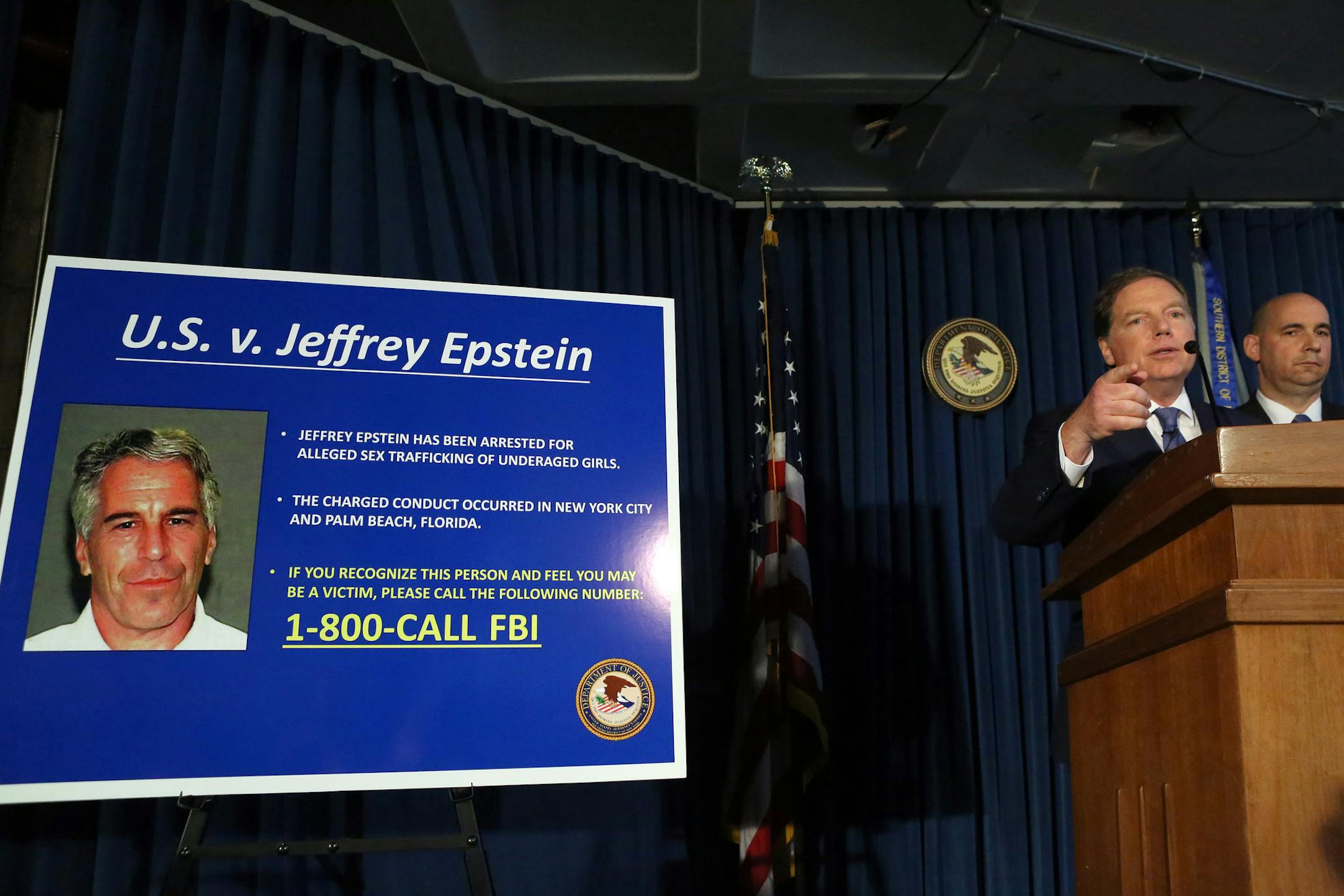FILE -- Geoffrey Berman, the U.S. Attorney for the Southern District of New York, speaks at a news conference about the unsealing of sex trafficking charges against Jeffrey Epstein, in New York, July 8, 2019. After Epstein's death, prosecutors are turning their attention to those who may have helped him in a sex-trafficking ring, and accusers still plan to pursue lawsuits. (Jefferson Siegel/The New York Times)