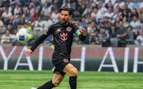 Inter Miami's Lionel Messi gets ready to pounce during the April 24 CONCACAF Champions Cup semifinal at Vancouver.