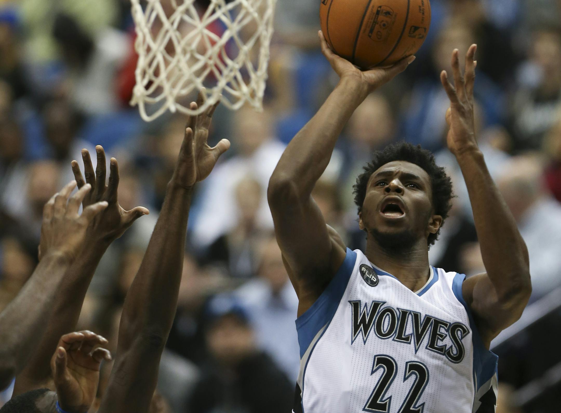 Timberwolves guard Andrew Wiggins (22) took a first quarter shot Thursday night. He led the Wolves with 19 points. ] JEFF WHEELER &#xef; jeff.wheeler@startribune.com The Minnesota Timberwolves faced the Golden State Warriors in an NBA basketball game Thursday night, November 12, 2015 at Target Center in Minneapolis.