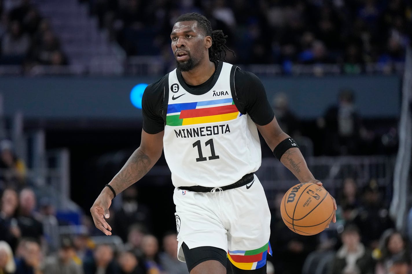 Minnesota Timberwolves center Naz Reid (11) during an NBA basketball game against the Golden State Warriors in San Francisco, Sunday, Feb. 26, 2023. (AP Photo/Jeff Chiu)