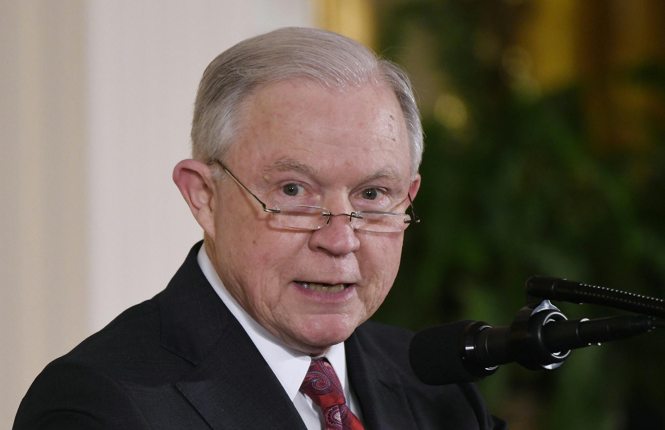 Attorney General Jeff Sessions speaks during a Medal of Valor ceremony in the East Room of the White House, Feb. 20, 2018, in Washington, D.C. (Olivier Douliery/Abaca Press/TNS)