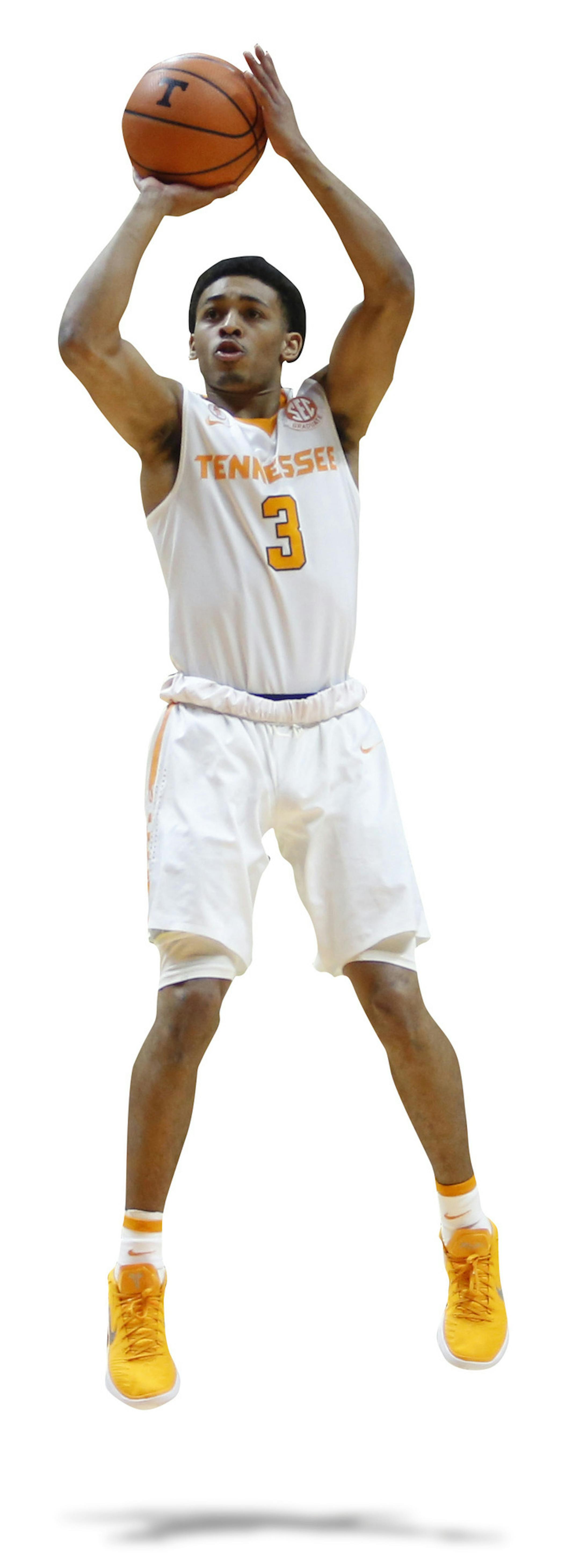 Tennessee guard James Daniel III (3) goes up for a basket in front of teammate John Fulkerson (10) and Texas A&M guard JJ Caldwell (4) in the first half of an NCAA college basketball game Saturday, Jan. 13, 2018, in Knoxville, Tenn. (AP Photo/Crystal LoGiudice) ORG XMIT: TNCL120