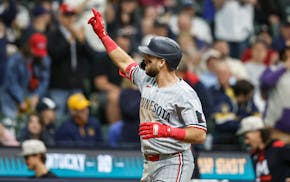 The Twins' Kody Clemens reacts after hitting a solo home run in Saturday night's victory at Milwaukee. Clemens homered three times during the Twins' 1