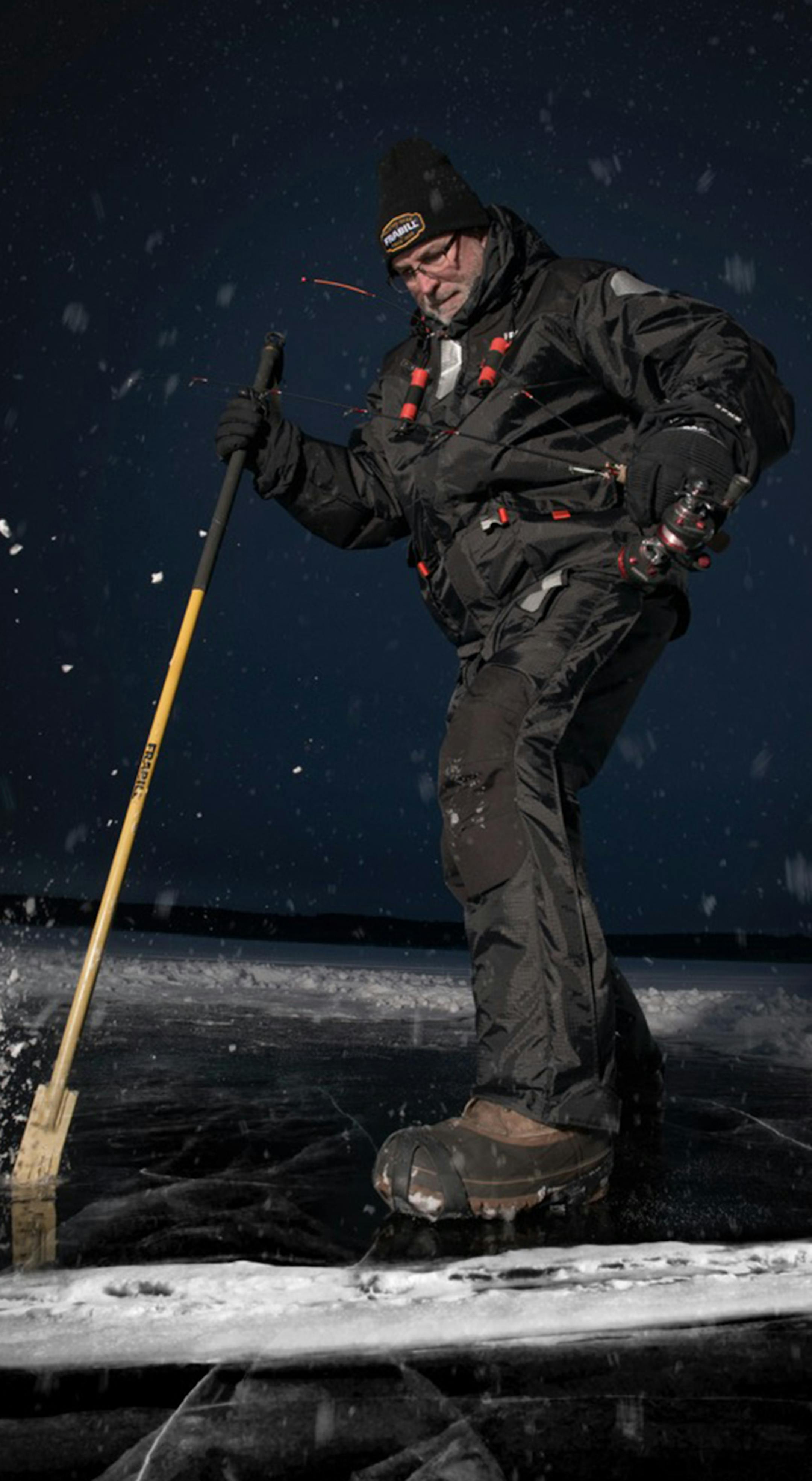 Twin Cities angler and fishing TV personality Steve Pennaz was dressed like this when he intentionally broke through lake ice to determine whether he could pull himself out of frigid water onto safe ice.