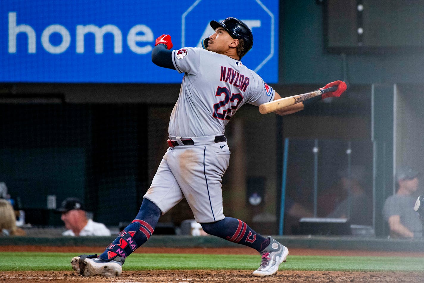 Cleveland Guardians' Josh Naylor (22) swings at a pitch in the top of the eighth inning in a baseball game against the Texas Rangers in Arlington, Texas, Saturday, July 15, 2023. (AP Photo/Emil T. Lippe)