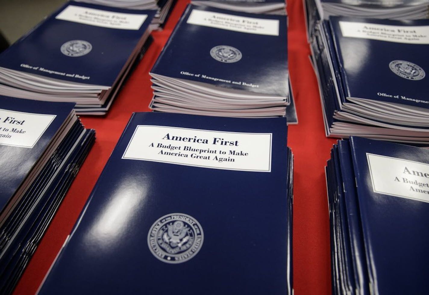 Copies of President Donald Trump's first budget are displayed at the Government Printing Office in Washington, Thursday, March, 16, 2017. Trump unveiled a $1.15 trillion budget on Thursday, a far-reaching overhaul of federal government spending that slashes many domestic programs to finance a significant increase in the military and make a down payment on a U.S.-Mexico border wall.