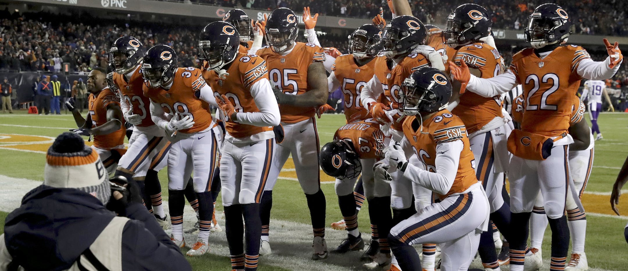 Three turnovers, including an interception returned for a touchdown by safety Eddie Jackson (39), were too much for the Vikings to overcome in Chicago on Sunday night. The Vikings have seven turnovers in their past three games.