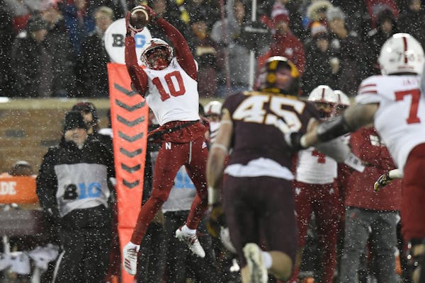 JD Spielman (10) pulled down a reception for Nebraska against the Gophers on Oct. 12, 2019, at TCF Bank Stadium.