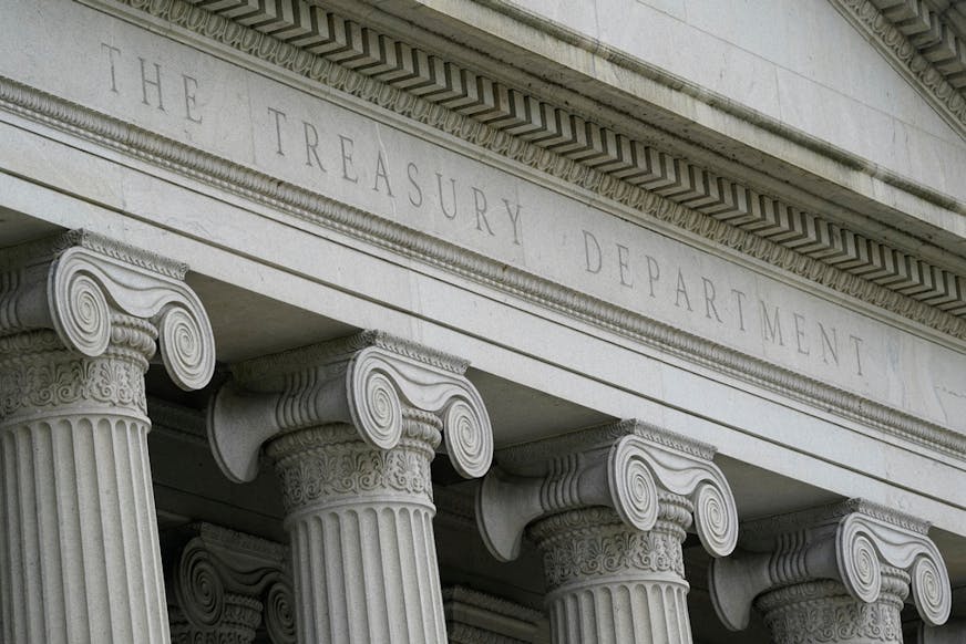 FILE - This May 4, 2021, photo shows the Treasury Building in Washington.