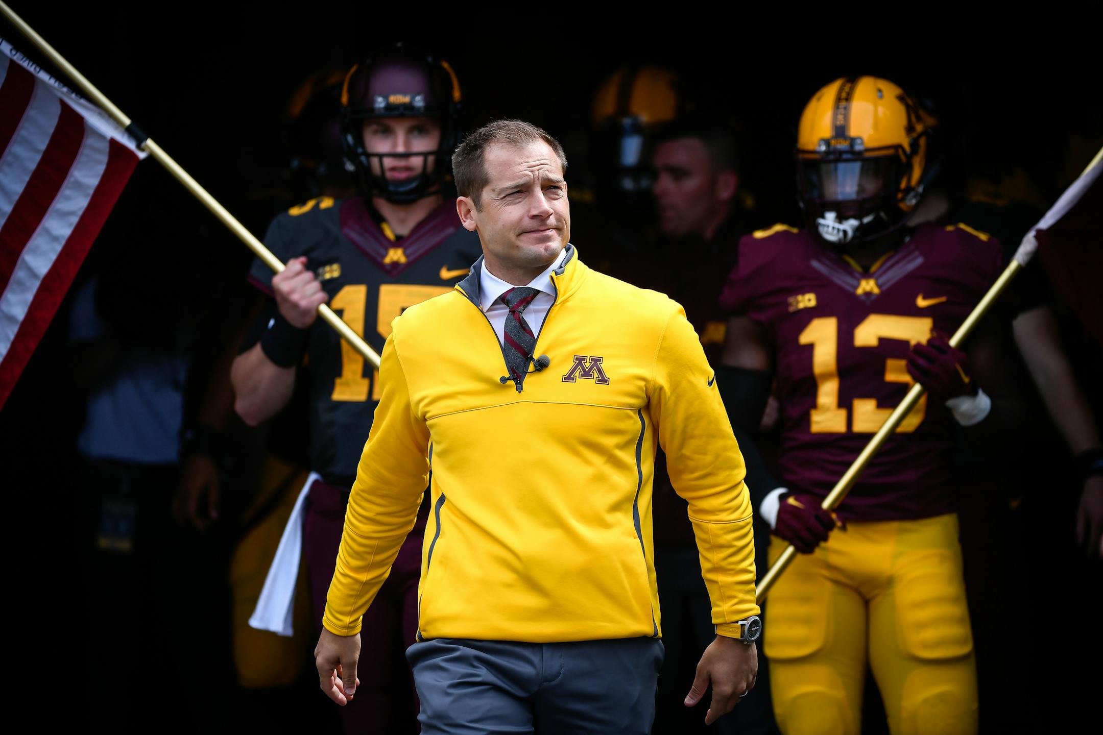 University of Minnesota head coach P.J. Fleck emerged from the tunnel before the start of Saturday afternoon's spring game. ] AARON LAVINSKY ï aaron.lavinsky@startribune.com The University of Minnesota Golden Gophers football team played their annual spring game on Saturday, April 17, 2017 at TCF Bank Stadium in Minneapolis, Minn.