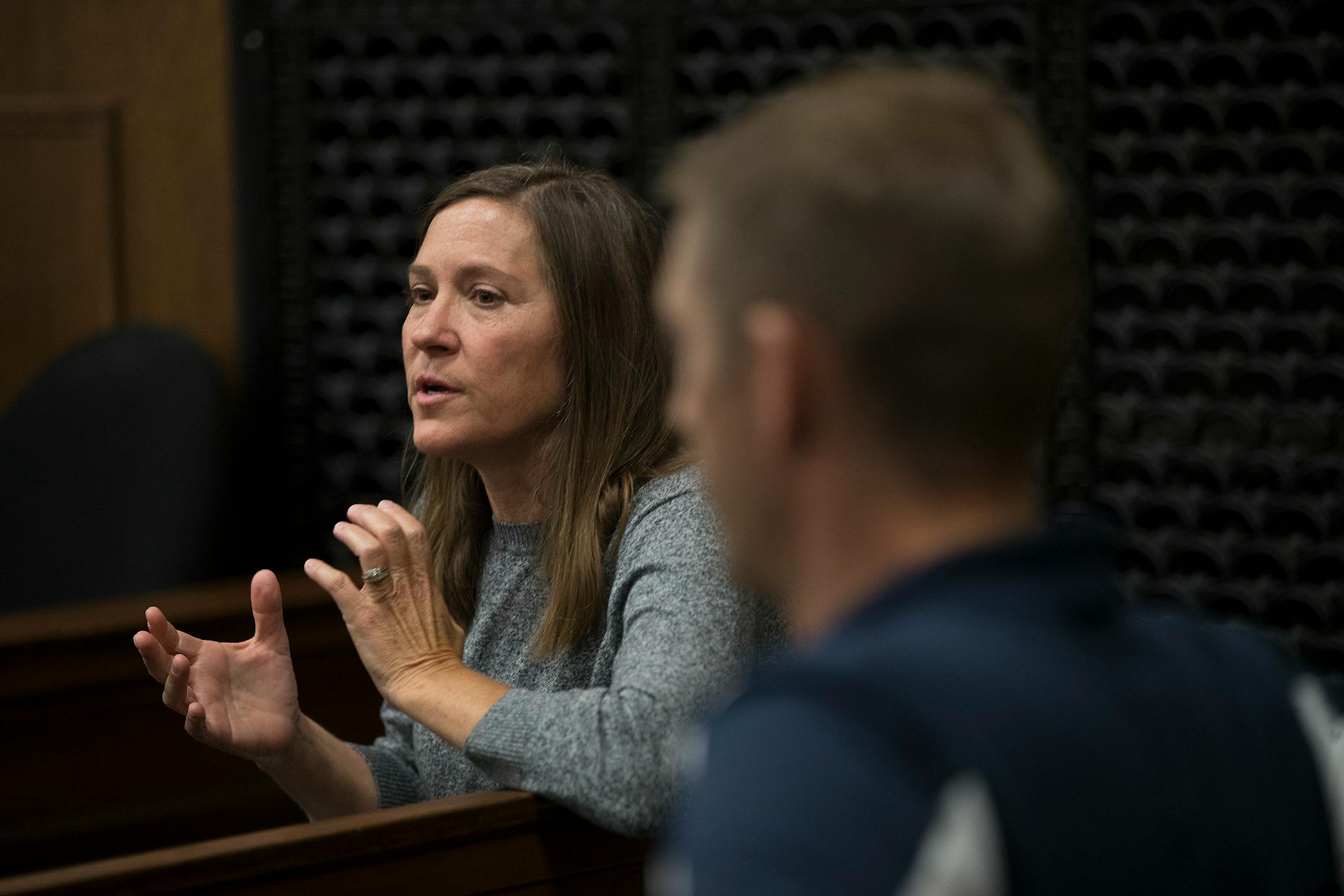 Beth Elstad worked with Duluth Judge Shaun Floerke as they checked in with defendants during DWI court, Friday, August 11, 2017 in Duluth, MN.