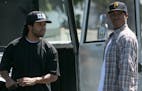 This photo provided by Universal Pictures shows, O'Shea Jackson, Jr., left, as Ice Cube and Corey Hawkins as Dr. Dre, in the film, "Straight Outta Com