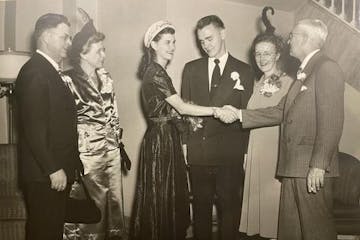 Newlyweds Kristy and John Juergens were flanked by their parents at their 1948 wedding in Columbia Heights. Clarence and Kitty Olsen are at left, Leon