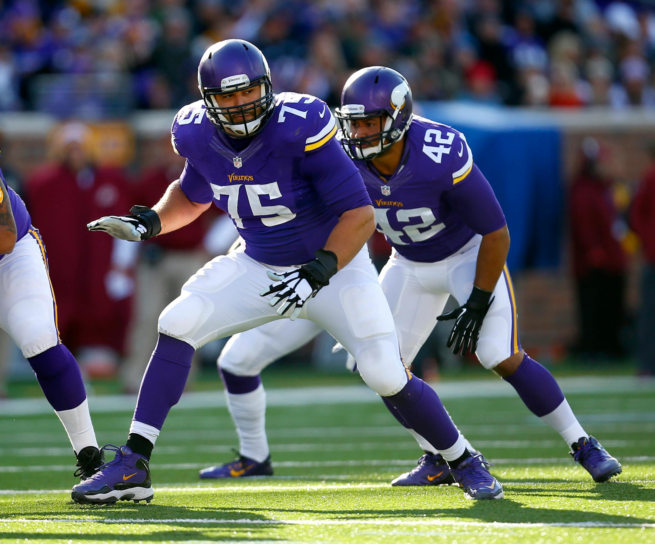 Matt Kalil, shown earlier this season, was called for three of the Vikings seven penalties against the Packers. (Jeff Haynes/AP Images for Panini)