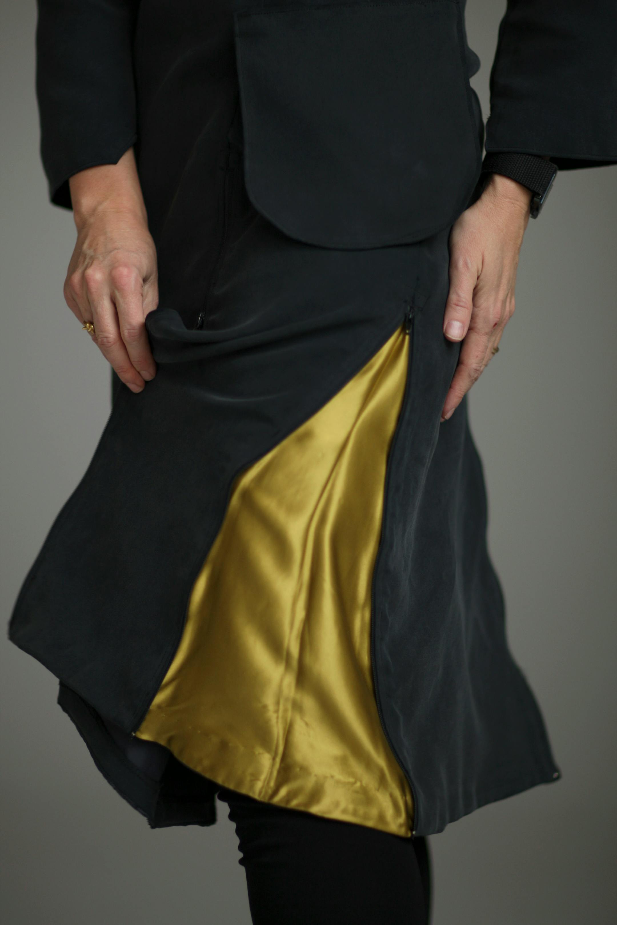 Detail of one of the zippered side gussets on the uniform that Sonya Berlovitz created for Kira Obolensky.